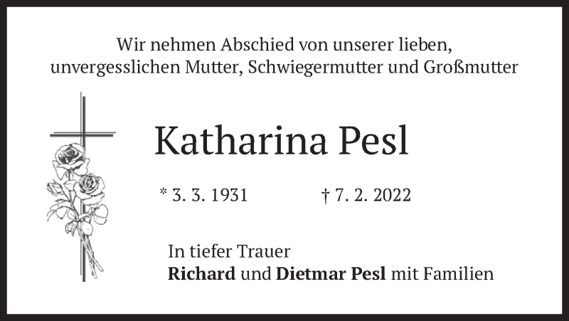  Traueranzeige für Katharina Pesl vom 12.02.2022 aus merkurtz