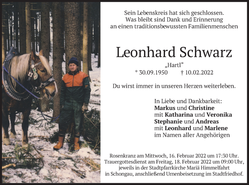  Traueranzeige für Leonhard Schwarz vom 15.02.2022 aus merkurtz