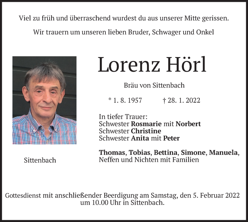 Traueranzeige für Lorenz Hörl vom 02.02.2022 aus merkurtz
