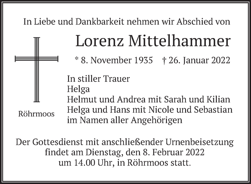  Traueranzeige für Lorenz Mittelhammer vom 05.02.2022 aus merkurtz