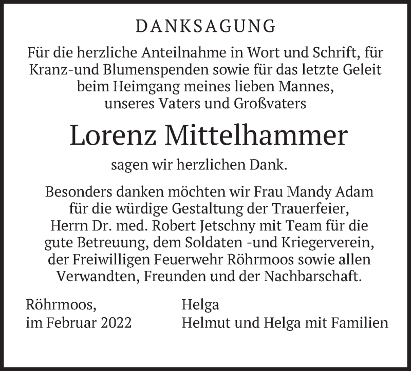  Traueranzeige für Lorenz Mittelhammer vom 12.02.2022 aus merkurtz
