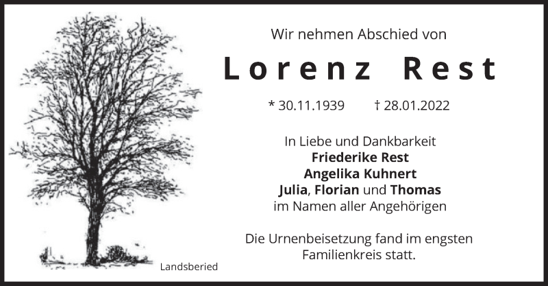  Traueranzeige für Lorenz Rest vom 16.02.2022 aus merkurtz