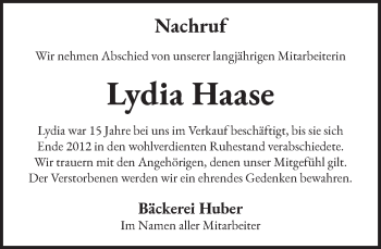 Traueranzeige von Lydia Haase von Das Gelbe Blatt Penzberg
