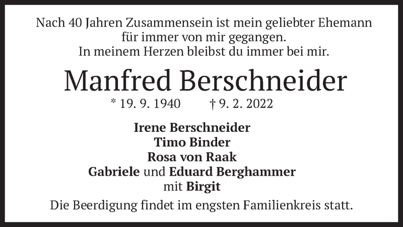  Traueranzeige für Manfred Berschneider vom 12.02.2022 aus merkurtz
