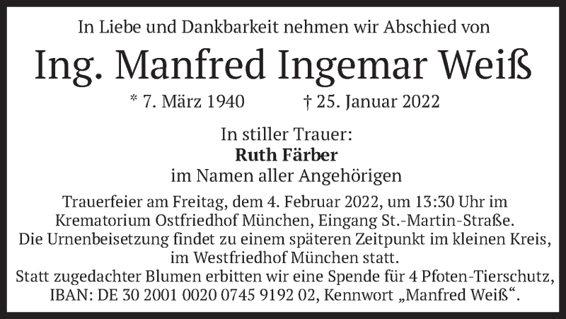  Traueranzeige für Manfred Ingemar Weiß vom 03.02.2022 aus merkurtz