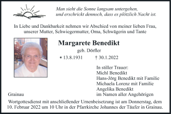 Traueranzeige von Margarete Benedikt von merkurtz