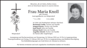 Traueranzeige von Maria Knoll von merkurtz