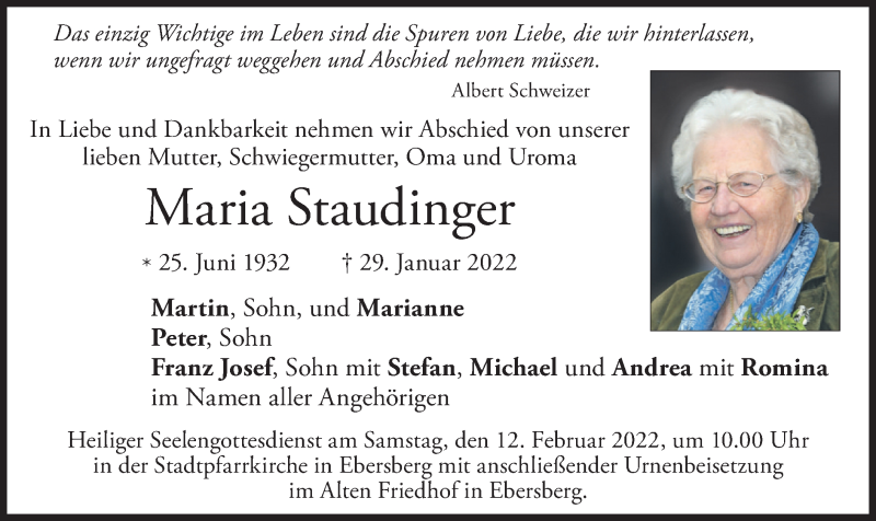  Traueranzeige für Maria Staudinger vom 05.02.2022 aus merkurtz