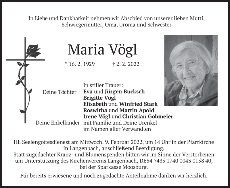  Traueranzeige für Maria Vögl vom 05.02.2022 aus merkurtz
