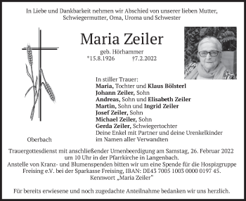 Traueranzeige von Maria Zeiler von merkurtz