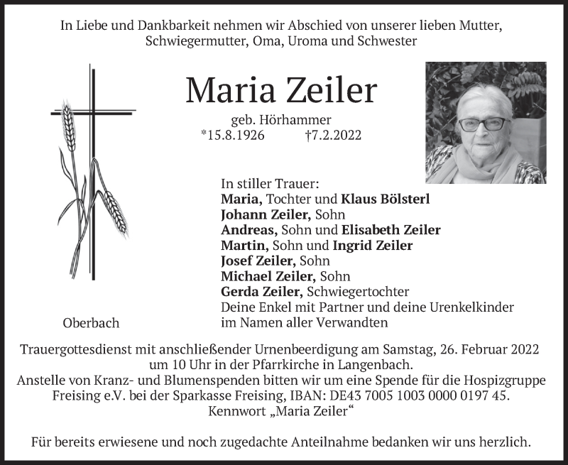  Traueranzeige für Maria Zeiler vom 19.02.2022 aus merkurtz
