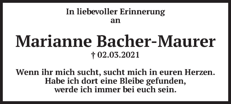  Traueranzeige für Marianne Bacher-Maurer vom 26.02.2022 aus merkurtz