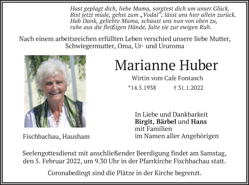  Traueranzeige für Marianne Huber vom 03.02.2022 aus merkurtz