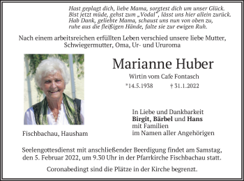 Traueranzeige von Marianne Huber von merkurtz