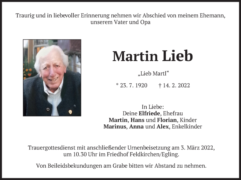  Traueranzeige für Martin Lieb vom 26.02.2022 aus merkurtz