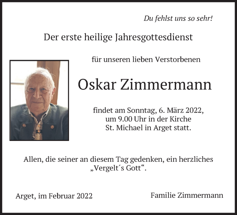  Traueranzeige für Oskar Zimmermann vom 26.02.2022 aus merkurtz