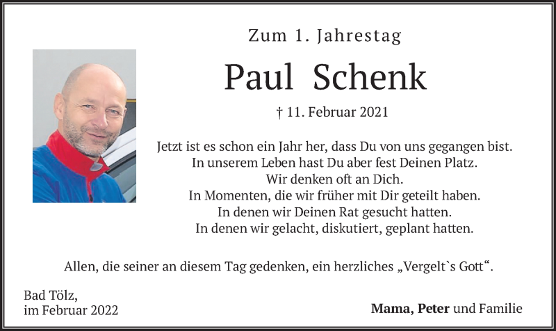  Traueranzeige für Paul Schenk vom 11.02.2022 aus merkurtz