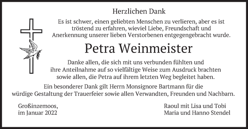  Traueranzeige für Petra Weinmeister vom 05.02.2022 aus merkurtz