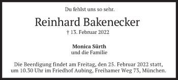 Traueranzeige von Reinhard Bakenecker von merkurtz