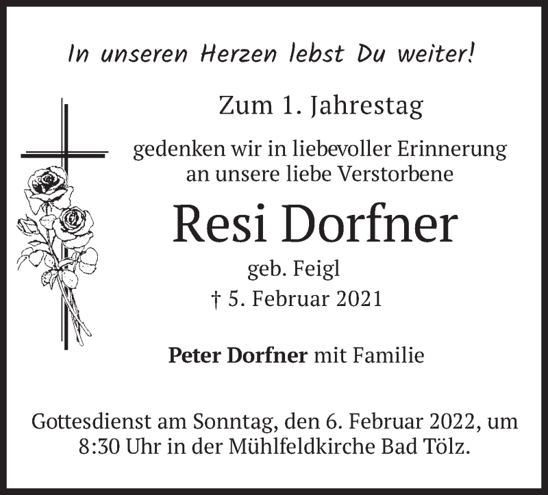  Traueranzeige für Resi Dorfner vom 05.02.2022 aus merkurtz
