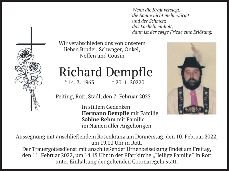  Traueranzeige für Richard Dempfle vom 07.02.2022 aus merkurtz