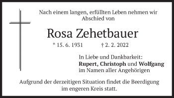 Traueranzeige von Rosa Zehetbauer von merkurtz