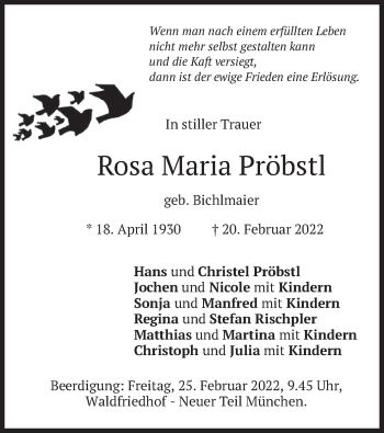 Traueranzeige von Rosa Maria Pröbstl von merkurtz
