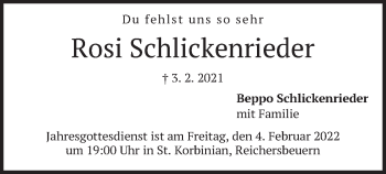 Traueranzeige von Rosi Schlickenrieder von merkurtz