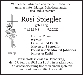 Traueranzeige von Rosi Spiegler von merkurtz