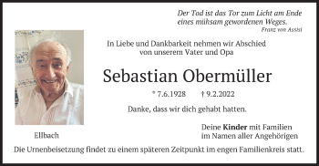 Traueranzeige von Sebastian Obermüller von merkurtz