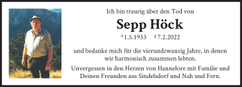 Traueranzeige von Sepp Höck von Das Gelbe Blatt Penzberg