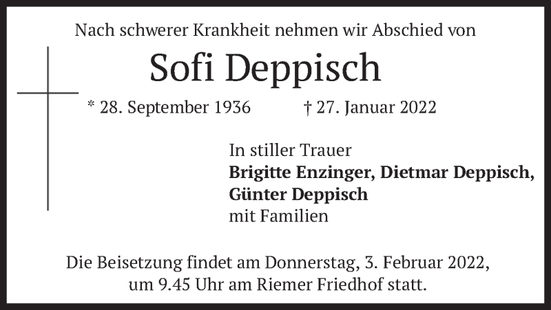  Traueranzeige für Sofi Deppisch vom 01.02.2022 aus merkurtz