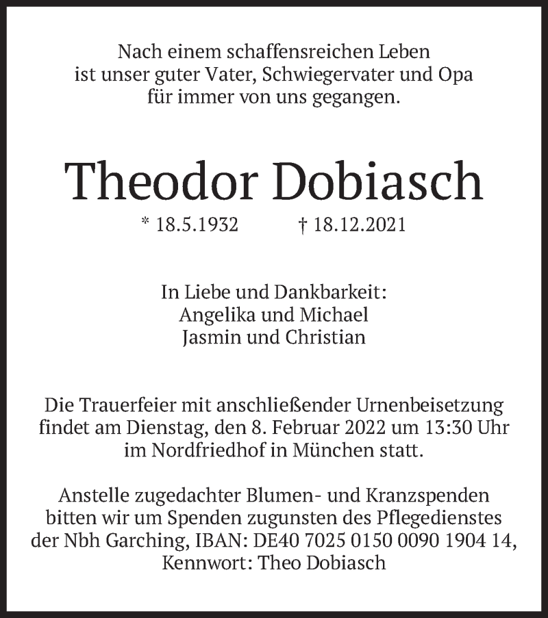  Traueranzeige für Theodor Dobiasch vom 05.02.2022 aus merkurtz