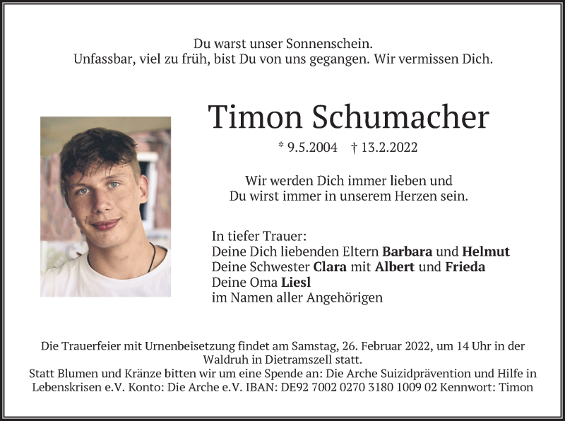  Traueranzeige für Timon Schumacher vom 19.02.2022 aus merkurtz