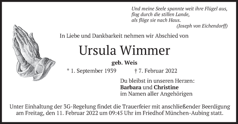  Traueranzeige für Ursula Wimmer vom 09.02.2022 aus merkurtz