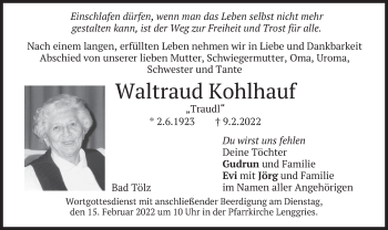 Traueranzeige von Waltraud Kohlhauf von merkurtz