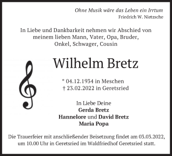 Traueranzeige von Wilhelm Bretz von merkurtz