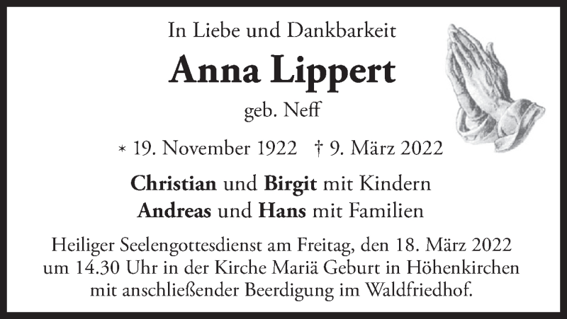 Traueranzeige für Anna Lippert vom 12.03.2022 aus merkurtz