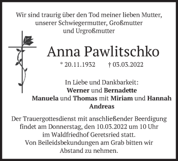 Traueranzeige von Anna Pawlitschko von merkurtz