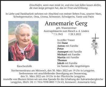 Traueranzeige von Annemarie Gerg von merkurtz