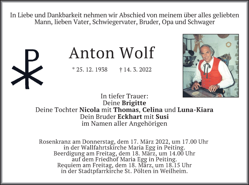  Traueranzeige für Anton Wolf vom 17.03.2022 aus merkurtz