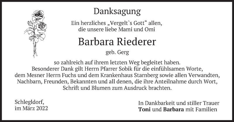  Traueranzeige für Barbara Riederer vom 02.03.2022 aus merkurtz