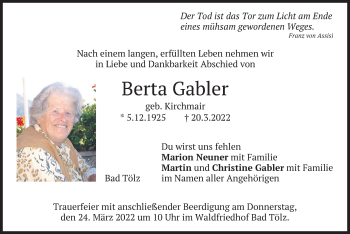 Traueranzeige von Berta Gabler von merkurtz