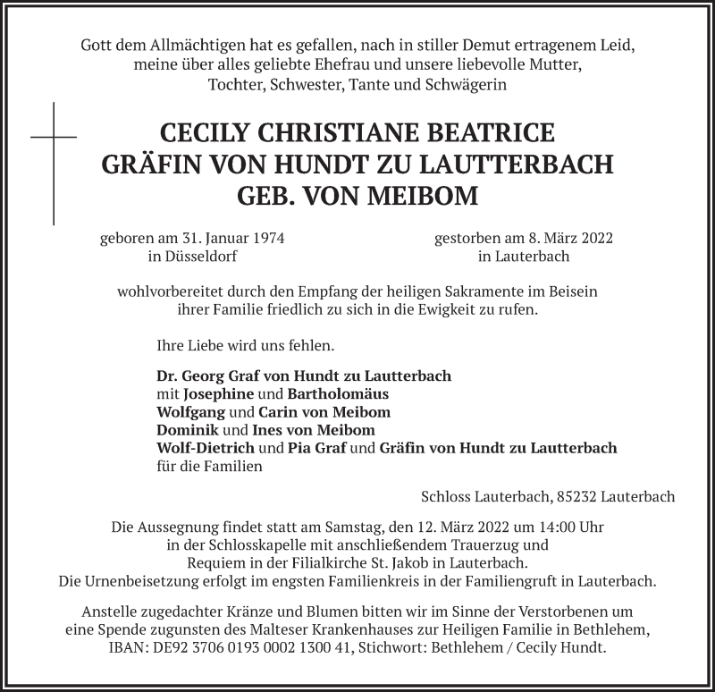  Traueranzeige für Cecily Christiane von Hundt zu Lautterbach vom 12.03.2022 aus merkurtz