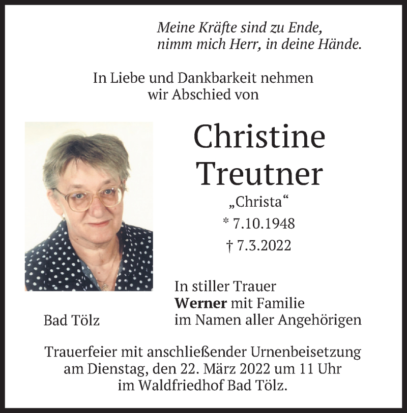  Traueranzeige für Christine Treutner vom 19.03.2022 aus merkurtz