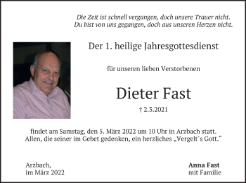 Traueranzeige von Dieter Fast von merkurtz