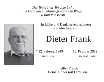 Traueranzeige von Dieter Frank von merkurtz