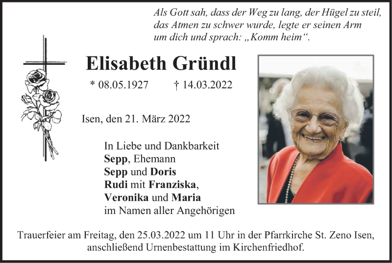  Traueranzeige für Elisabeth Gründl vom 21.03.2022 aus merkurtz