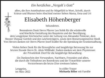 Traueranzeige von Elisabeth Höhenberger von merkurtz