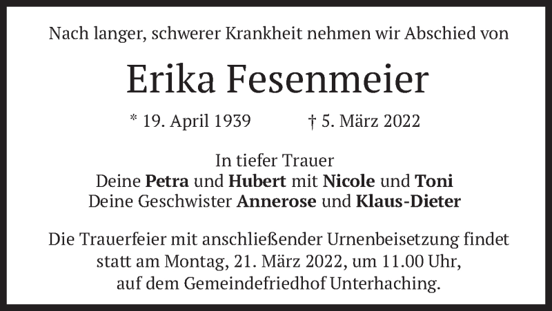  Traueranzeige für Erika Fesenmeier vom 12.03.2022 aus merkurtz